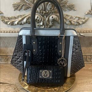 NWT MKF Faux Croc-Embossed Satchel and Wallet Set in Black and Gray